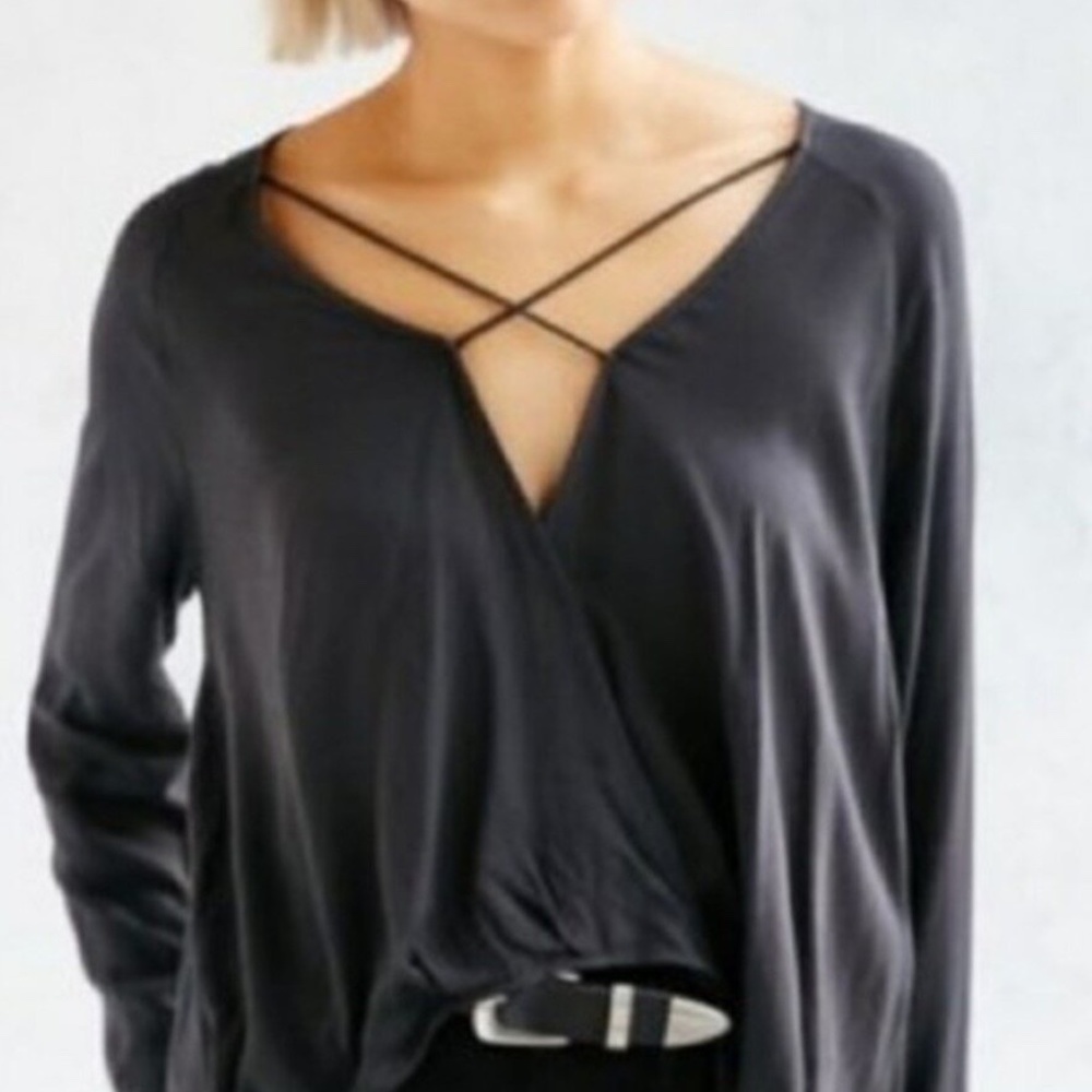 Silence + Noise Urban Outfitters Black Wrap Front Cross Neck Top